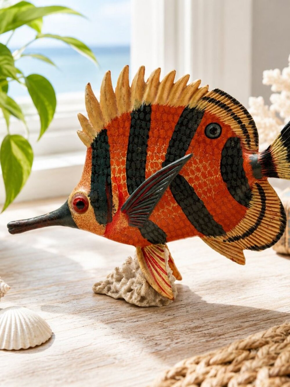 Hand-Painted Resin Tropical Fish Figurine Coral Base Striped Orange & Black Coas